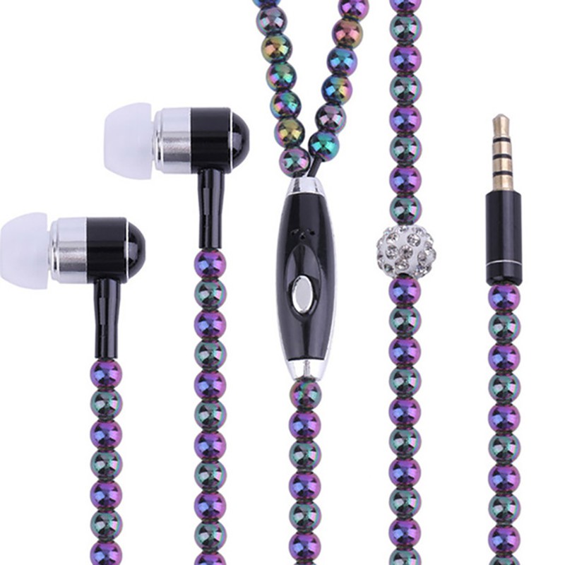 Vaorlo Headset Earphone In-Ear Kabel Jack 3.5mm Model Kalung Mutiara + Berlian Imitasi + Mic