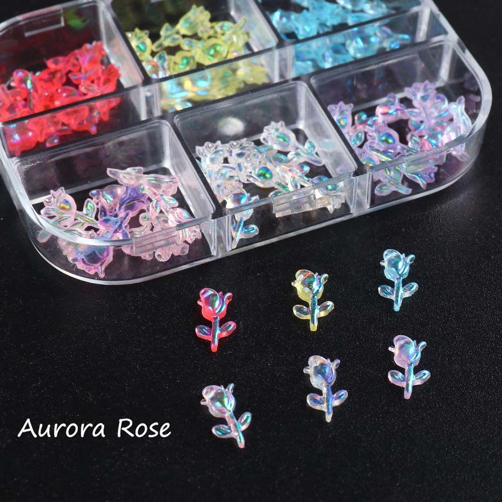 AUGUSTINA Agustina Rose Nail Art Perhiasan Ungu Mengkilap Korea Halus Aurora Rose Bunga Kristal DIY Dekorasi Kuku