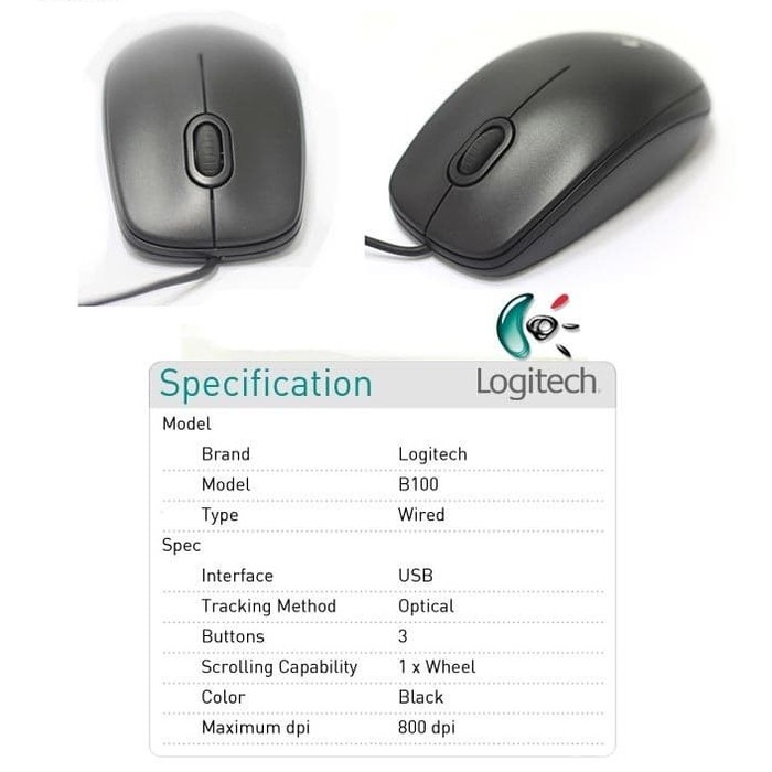 Mouse Logitech B100 Kabel USB - Hitam 100% Original Compact Windows, MAC, Linus &amp; Chrome OS