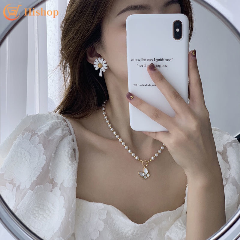 Pearl Crystal Butterfly Necklace Choker Korean OT Buckle Chain for Women Jewelry Fashion Accessories