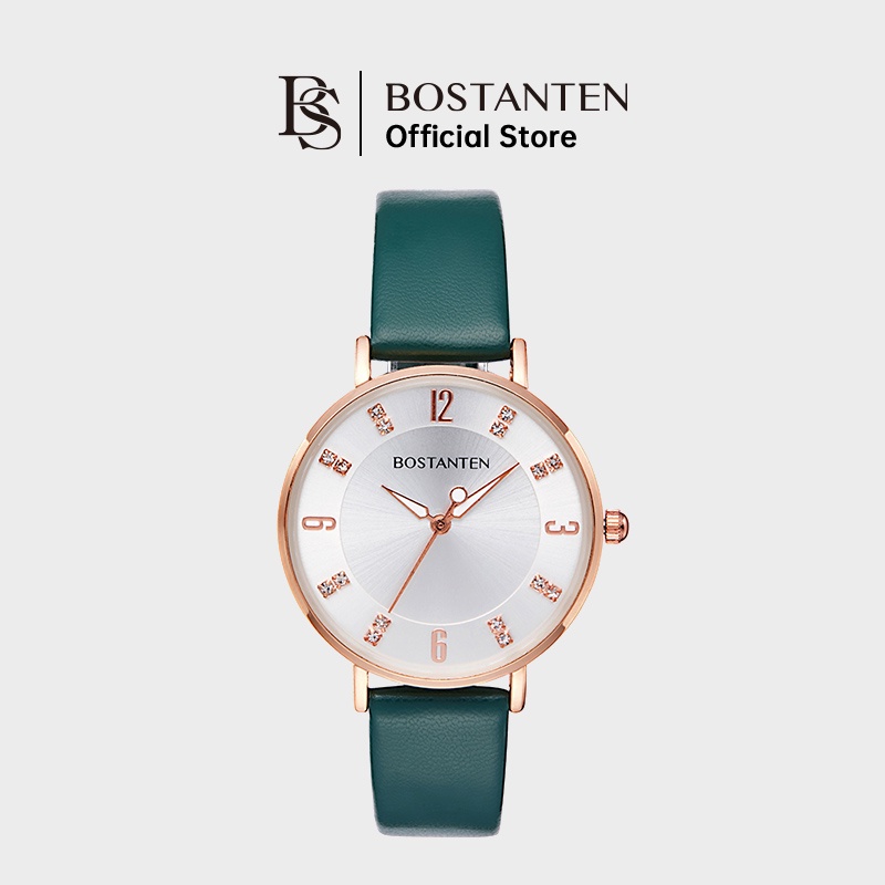 Bostanten Jam Tangan Kulit Fashion untuk Wanita Jam Tangan Dial Permata Kuarsa (Kotak Gratis * 1)