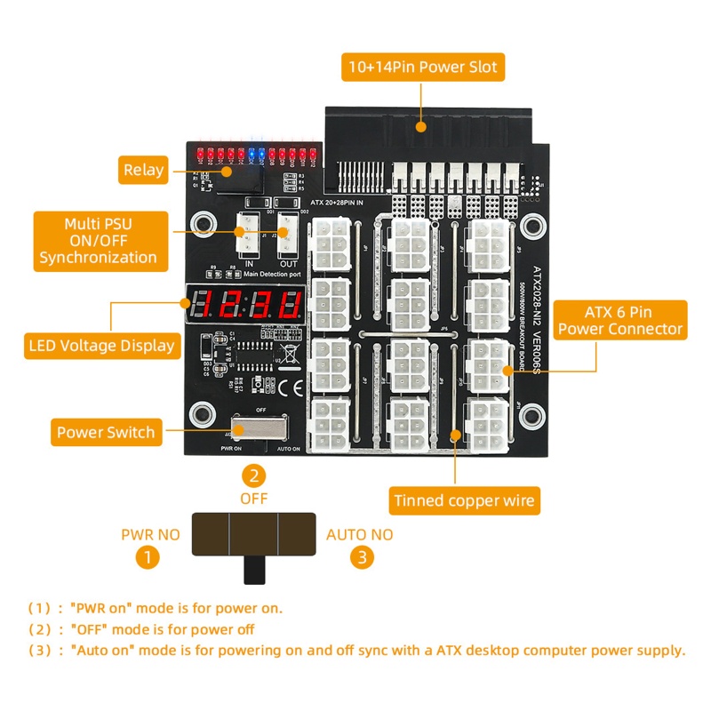 Btsg Papan Breakout Tambang 12port 6Pin Konektor LED Display Modul Daya 12V Untuk PSU 500W 800W 1400W 1600W Untuk GPU