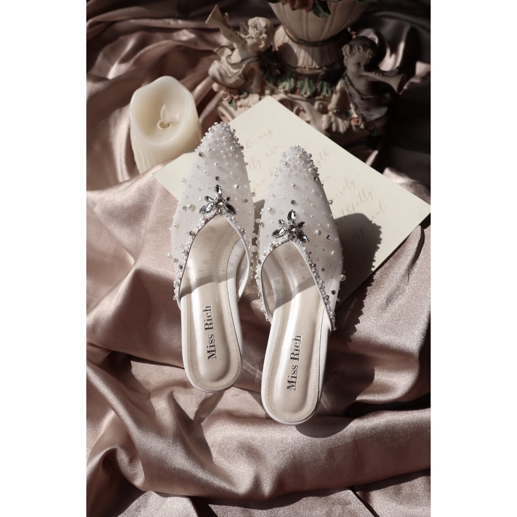 Sepatu sandal selop wedges heels pesta pengantin wedding wanita brukat putih pearl