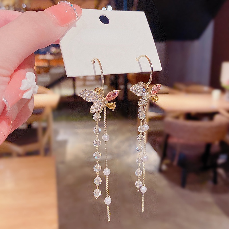 Anting Panjang Desain Pita Aksen Kristal Gaya Korea Untuk Hadiah Anak Perempuan