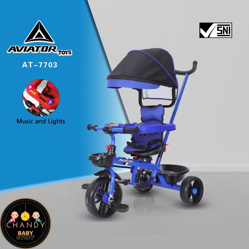 SEPEDA RODA TIGA TRICYCLE AT 7703 AVIATOR (ADA PENGAMAN, KURSI BISA PUTAR, LAMPU DAN MUSIK)