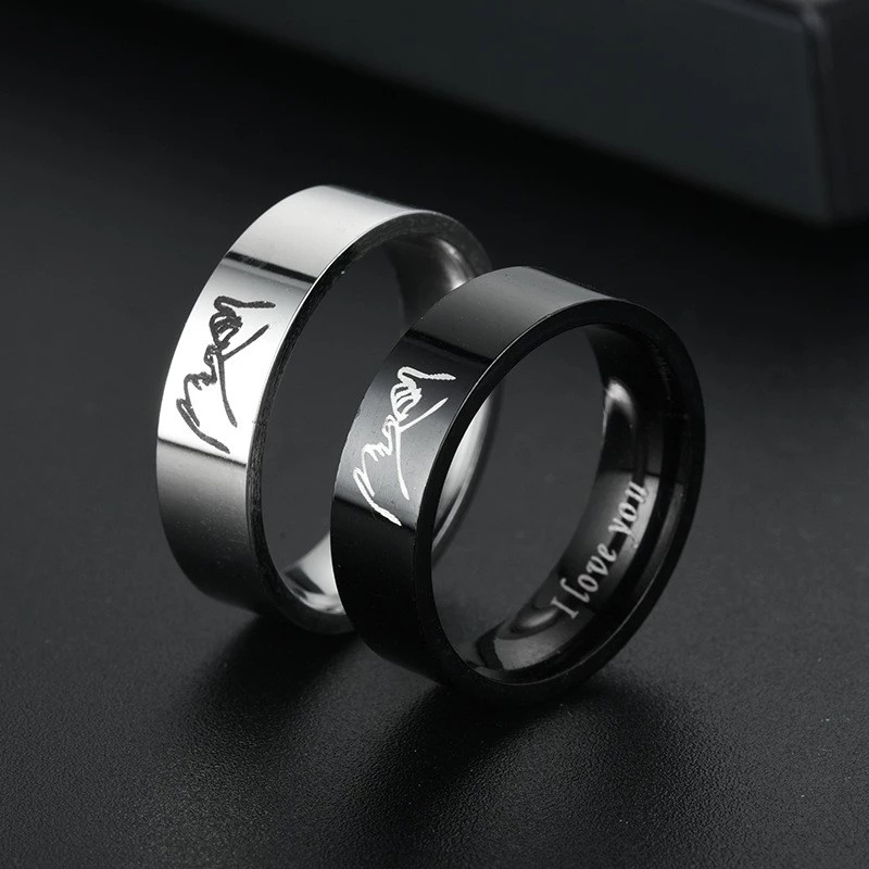 Cincin Pasangan Desain Tangan I Love You Bahan Stainless Steel Untuk Wanita