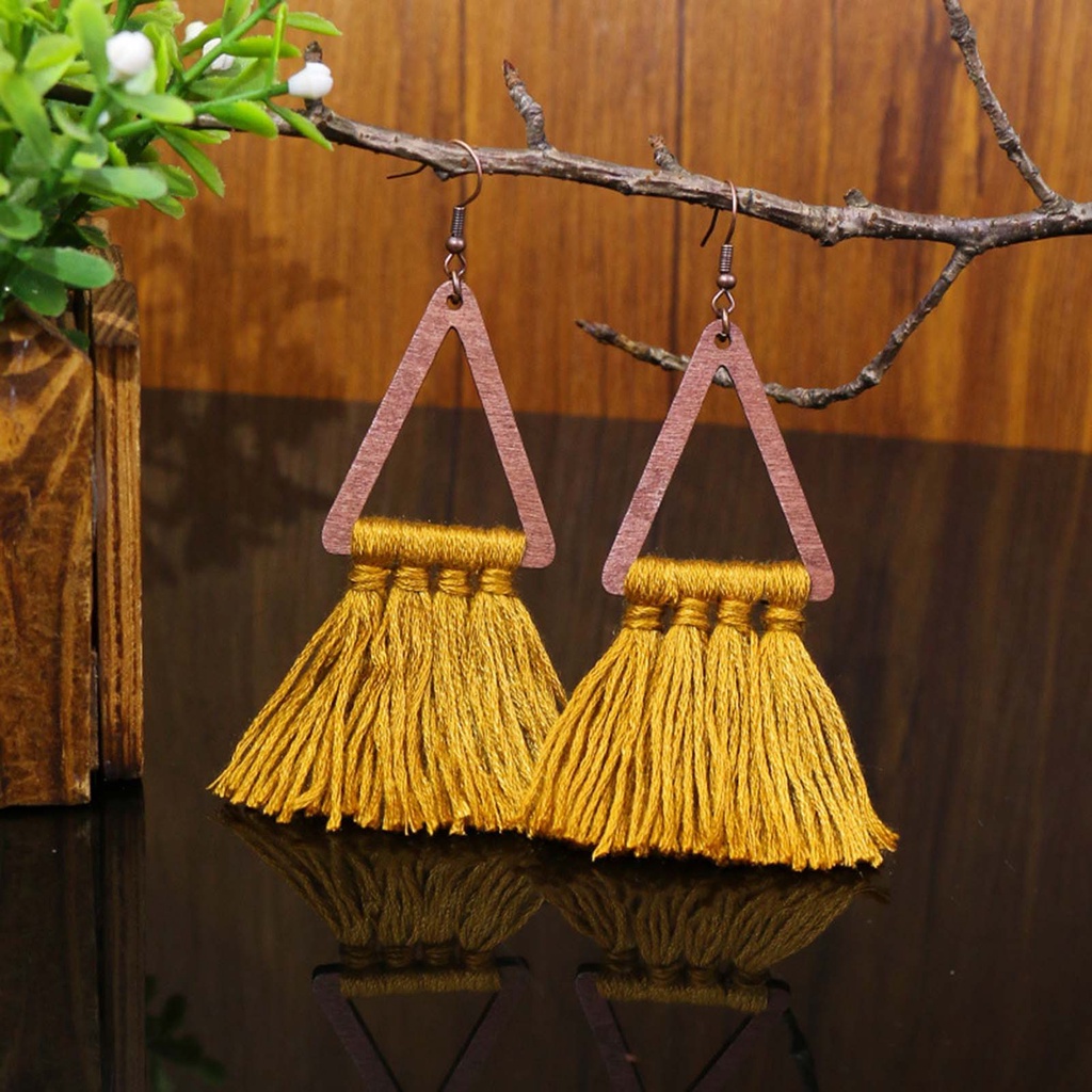 Hu Hu Hu Hu Hu Alat Bantu Pasang Kacamata♡ 1 Pasang Anting Kait Gantung Wanita Bahan Kayu Bentuk Segitiga Aksen Rumbai Benang Katun Gaya Etnik Bohemian