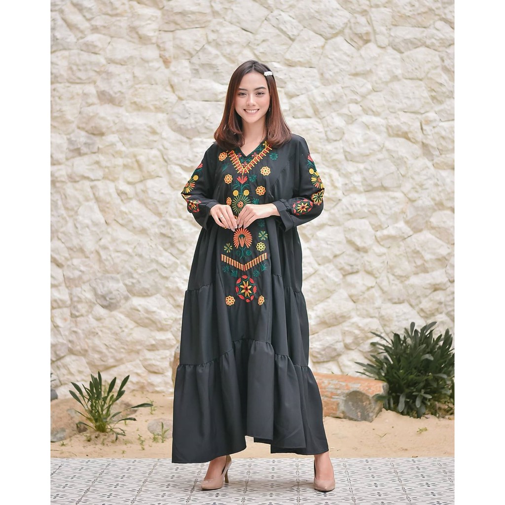 Ramadhani Dress - Gamis Putih Bordir Modern Fit to L Bahan Torrybruch Premium Tebal Motif Bunga - Dress Muslim Wanita Mewah Kekinian Elegant - Gamis Syar'i Turki Lengan Panjang Untuk Kondangan Lebaran Terlaris