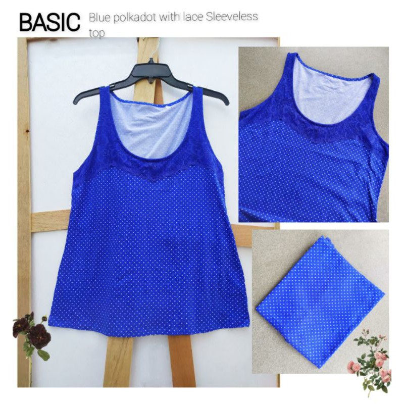 Basic blue polkadot with lace Sleeveless top