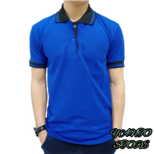 Kaos kerah wangky pria polos biru bca list hitam
