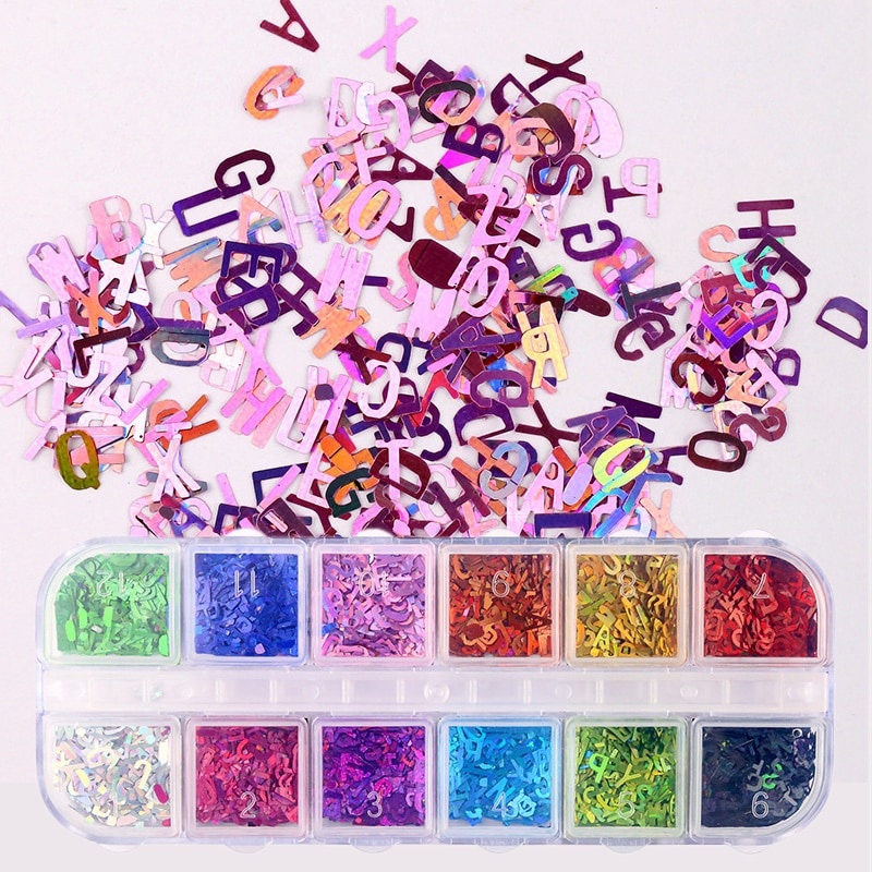 12 Colors Letter Holographics Nail Glitter Sequins Sparkly 3D Thin Butterfly Flakes Decorations for Nail Art Accessories