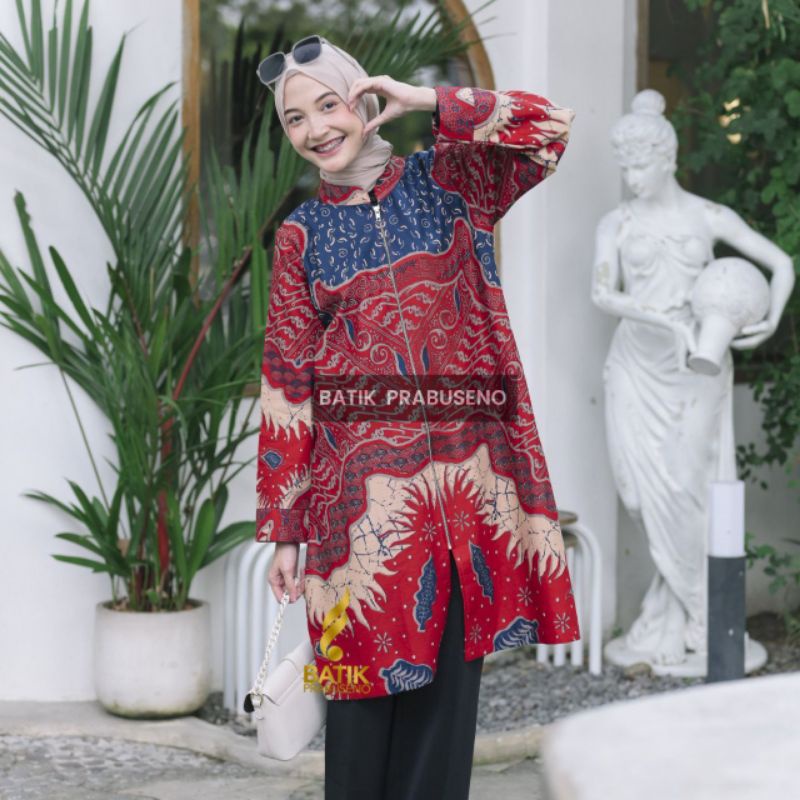 Batik Prabuseno Original 100% Baju Wanita Motif Kalingga Merah Modern Premium Terbaru Lengan Panjang
