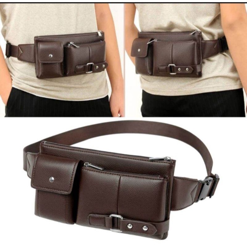 Tas Selempang Dada Pria Chest Bag Kulit Sintetis PU Waistbag Tas Pinggang