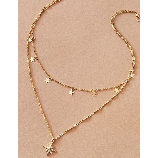 LRC Kalung Fashion Gold Color Snowflake Five-pointed Star Alloy Multilayer Necklace K92739