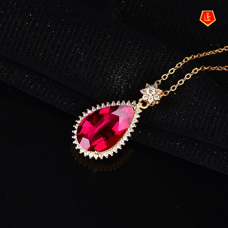 [Ready Stock]Elegant Pear-Shaped Colored Gems Pendant Gold Necklace