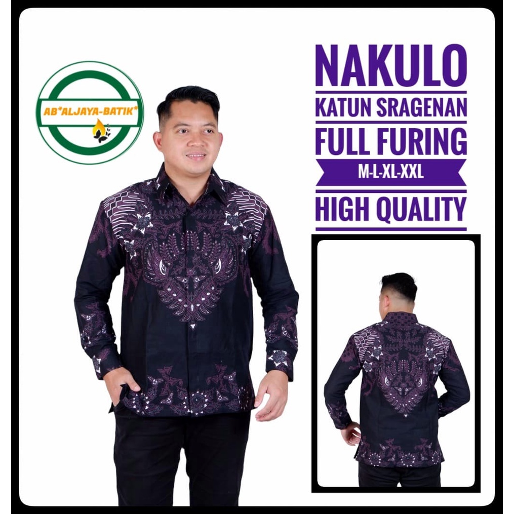 NAKULO  Kemeja Batik Pria Premum Full Furing Warna Hitam Motif Ungu Tua Katun Halus Primisima Asli Batik solo