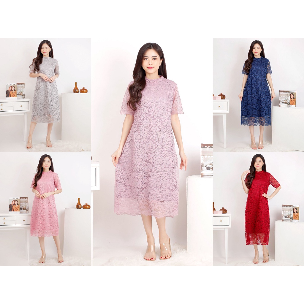 Midi Dress Brukat Pesta Kondangan LOLI / Baju Dress Wanita Bridesmaid Gereja Brokat