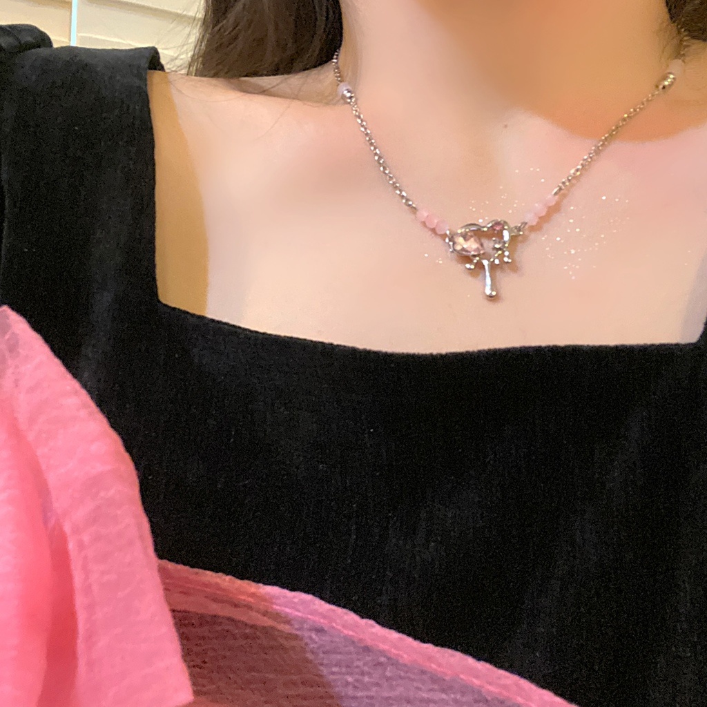 Kalung Choker Rantai Klavikula Bahan Logam Zirkon Bentuk Hati Warna Pink Gaya Korea Harajuku