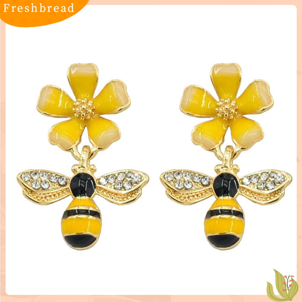 【Fresh】❀Women Bee Flower Enamel Rhinestone Inlaid Pendant Drop Earrings Jewelry Gift