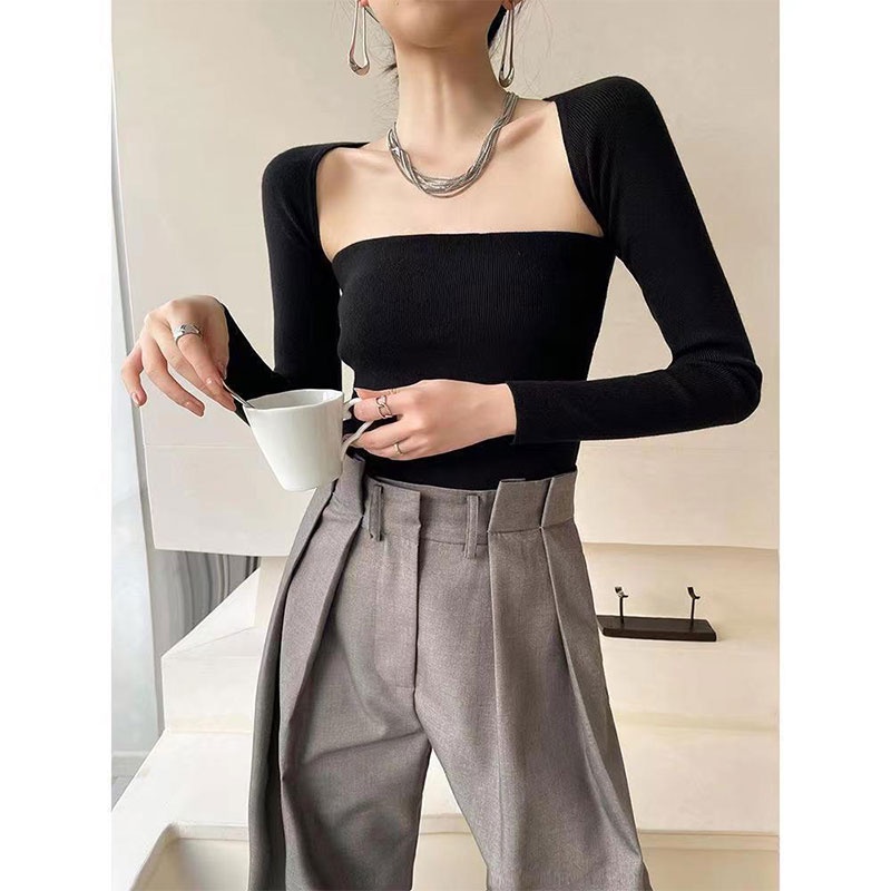 [✅BISA COD] #Sisjuly# French Warm Square Neck Skinny Knit T-Shirt Stretch Crop Top