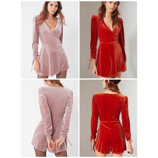 Ready V neck Suede Velvet Short Wrap Playsuit Jumpsuit Pendek Long Seleeve Tangan Panjang Mini Dress