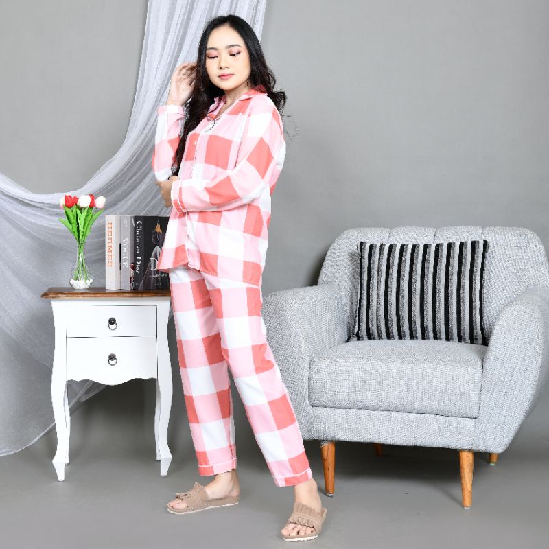 Baju Tidur Piyama Wanita/Cewek Pajamas Dewasa Katun Motif Kotak Emily PP Lengan Panjang Kekinian