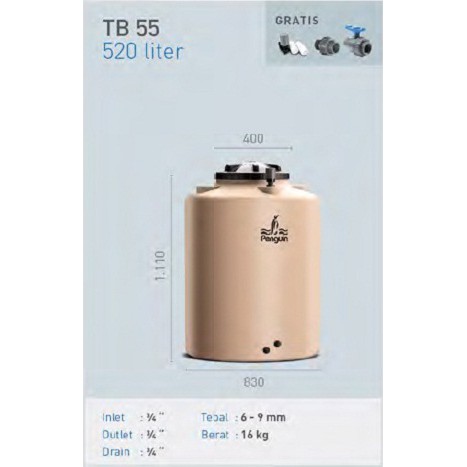 Tangki / Tandon / Toren Air merk Penguin tipe TB 55 (520L)