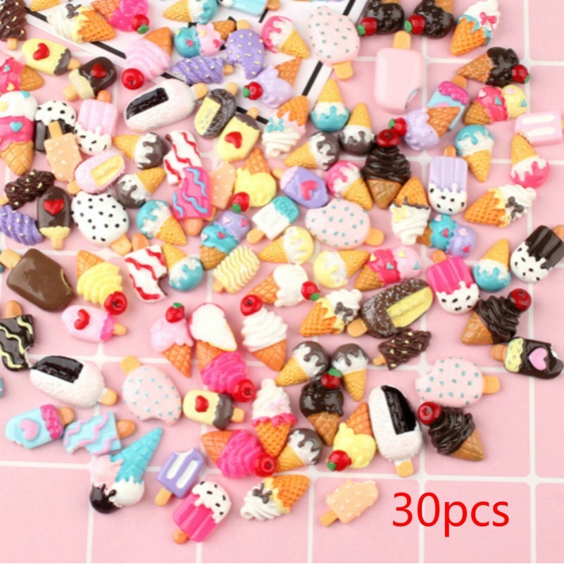 30pcs/pack Cute Mixed Resin Popsicle Ice Cream Flatback Cabochon For Phone Case Decoration Diy