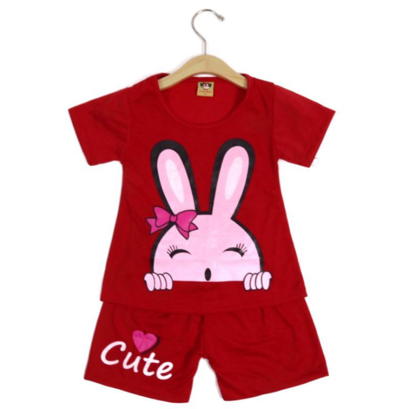 SETELAN FASHION ANAK CELANA PENDEK MOTIF CUTE BUNNY BAHAN KAOS GAMBAR SABLON 2-6 TAHUN