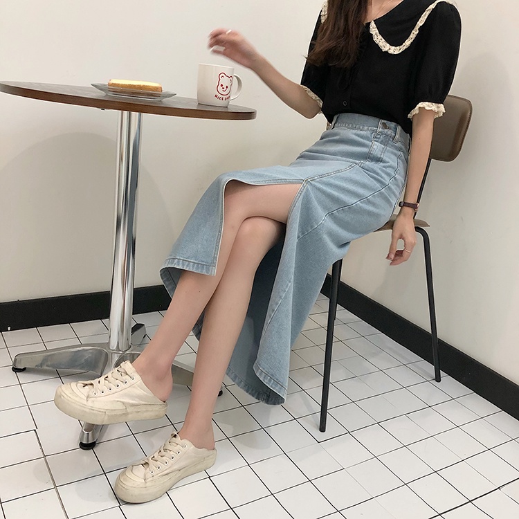 [chaoo.id]Rok dres a-line skirt Rok panjang denim a-line skirt Korean style midi slit