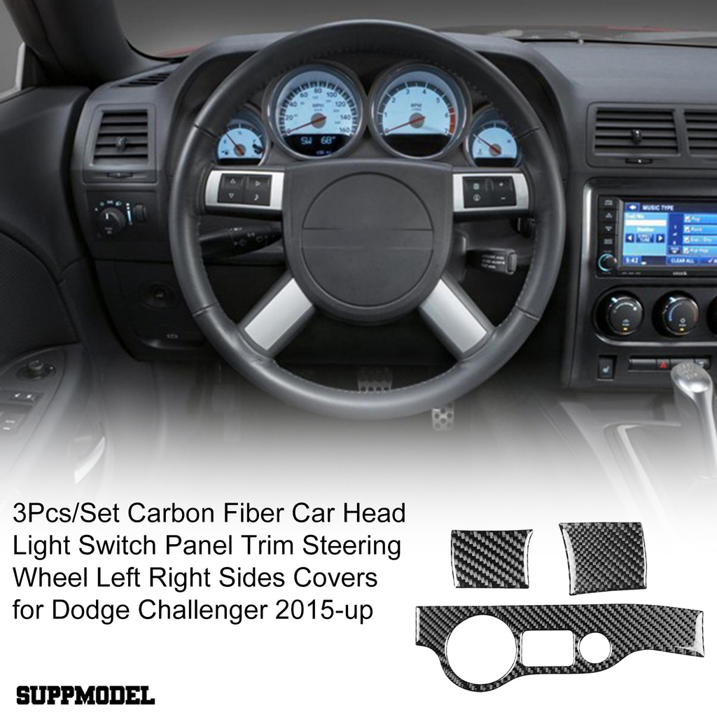 Smodel 3pcs / Set Cover Panel Saklar Lampu Depan Kiri / Kanan Bahan Carbon Fiber Untuk Dodge Challenger 2015-up