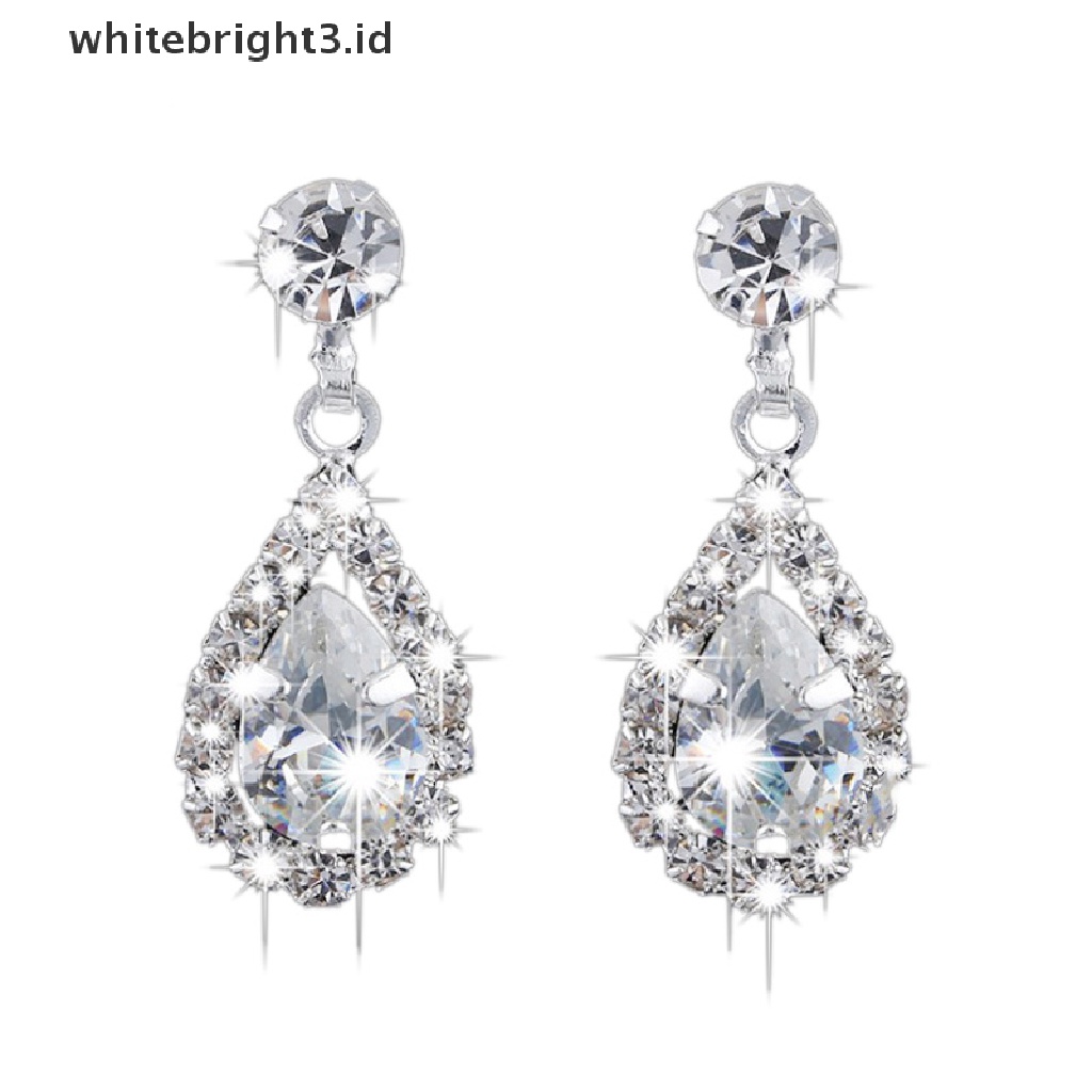 (whitebright3.id) Set Kalung + Anting Tusuk Gantung Bentuk Tetesan Air Aksen Kristal Imitasi Untuk Wanita