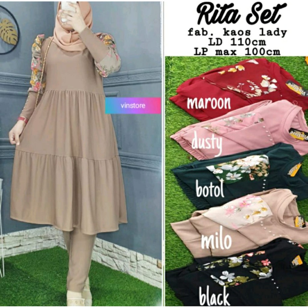TKG - RITA SET Setelan Celana Tunik Lady Knit Jumbo LD120 Motif Bunga by Fashion Muslim Solo