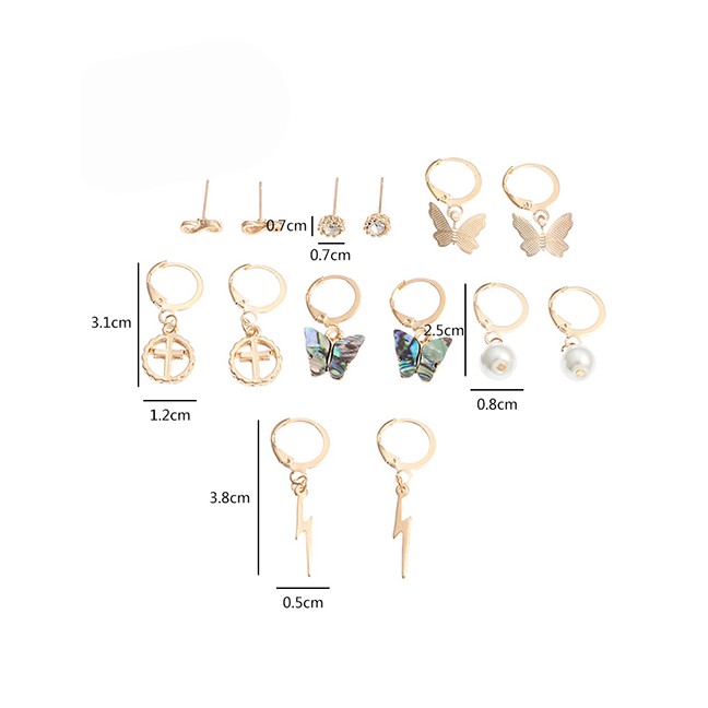 LRC Anting Tusuk Fashion Gold Color Lightning Cross Abalone Shell Butterfly Pearl Earring Set K27030