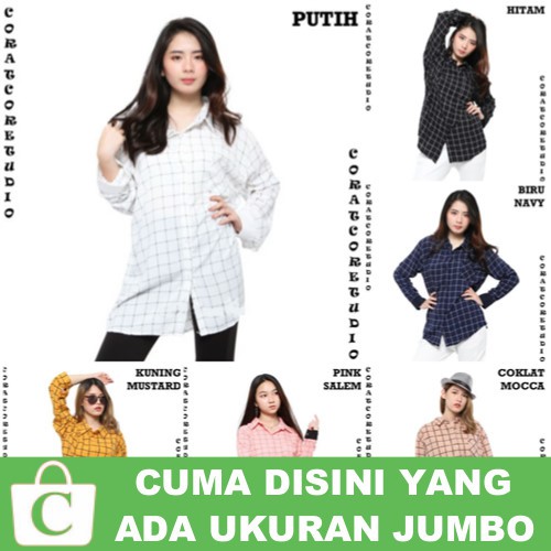 3XL XXL XL L M S XS Hem Wanita Kemeja Jumbo Panjang Polos Kotak PUTIH HITAM BIRU KUNING PINK