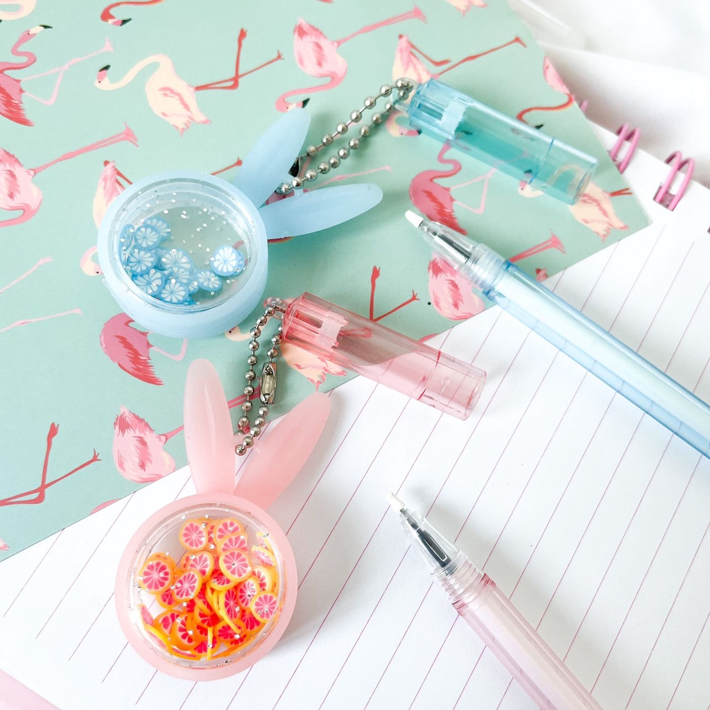 Pulpen gantungan Kelinci Bulat Glitter pastel Pulpen Lucu Unik Gantungan bentuk Kelinci Bulat alat tulis IMPORT-2