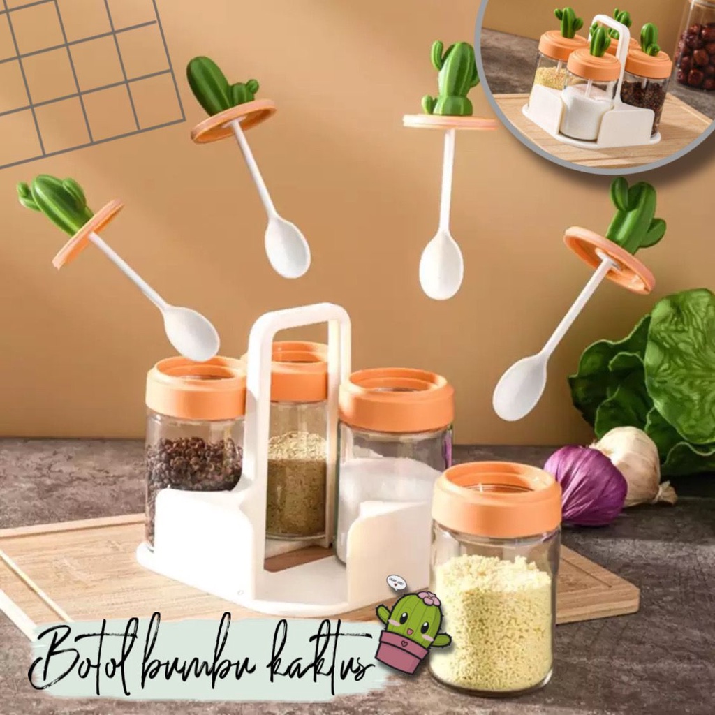 VS BG - Set 4pcs+Holder Botol Bumbu Kaca Sendok Handle Kaktus Tempat Bumbu Dapur Rempah Garam