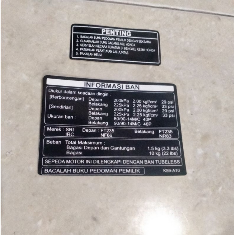STICKER PELENGKAP PENTING / INFORMASI BAN HONDA MATIC