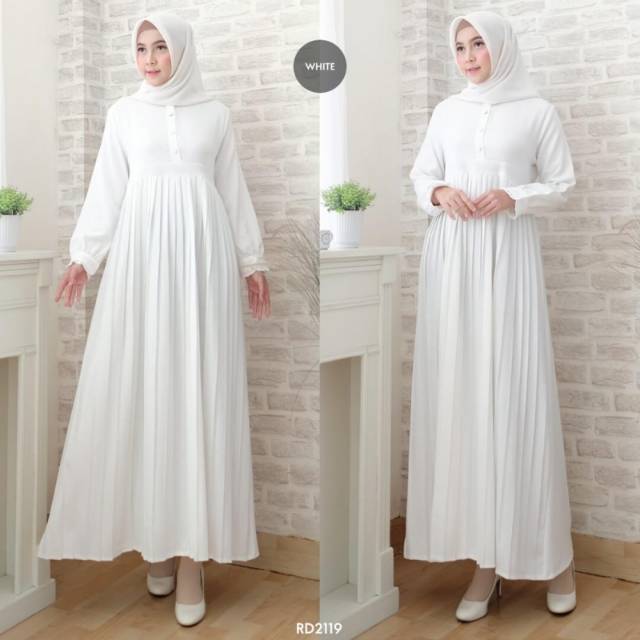 GAMIS WHITE PLISKA FIT TO L Gamis Wanita White Sesuai Gambar Baju Ori Original