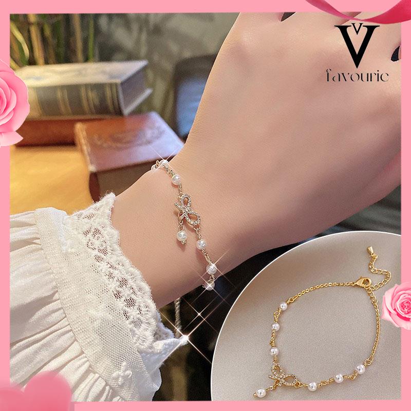 [COD]Micro-Inlaid Bow Pearl Bracelet Electroplating Manis Serbaguna Perhiasan Pacar-FA