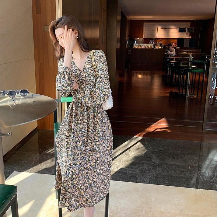 Oke Price>>prz-767 AIMEI French retro lengan panjang floral bottoming gaun v-neck untuk wanita dress