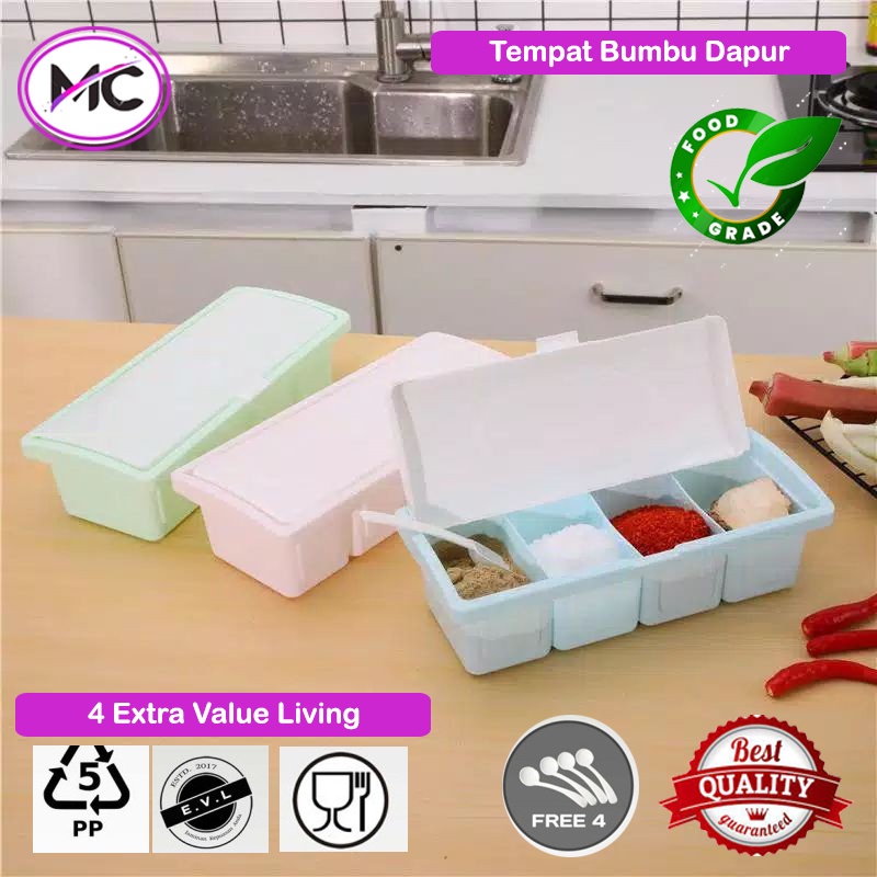 Tempat Bumbu Dapur Set 4 Sekat Besar Gratis Sendok Takar Bumbu Murah Praktis Kotak Bumbu Plastik Anti Pecah
