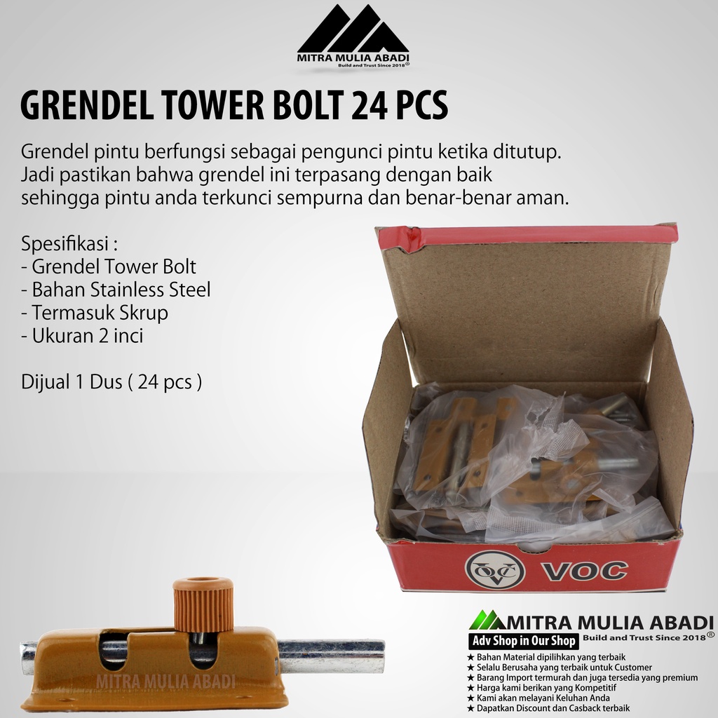 1 Dus Grendel Tower Bolt VOC Slot Pintu Jendela 2 Inch / 5 cm l Skrup Baut (24pcs)