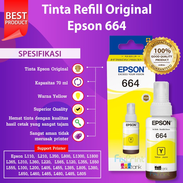 Tinta Epson Original 664 T664 Refill Printer L110 L120 L210 L220 L300 L310 L350 L355 L360 L365 L380