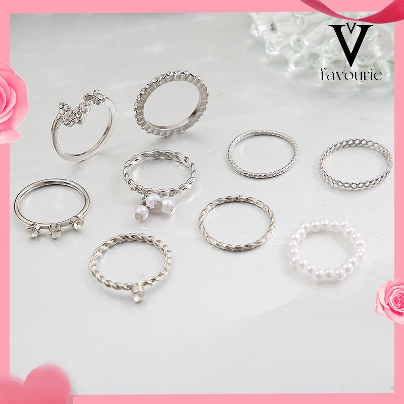 [COD]9 PCS Wanita Tipis Berongga Mutiara Kristal Kupu-kupu Berlian Premium Knuckle Ring Set-FA