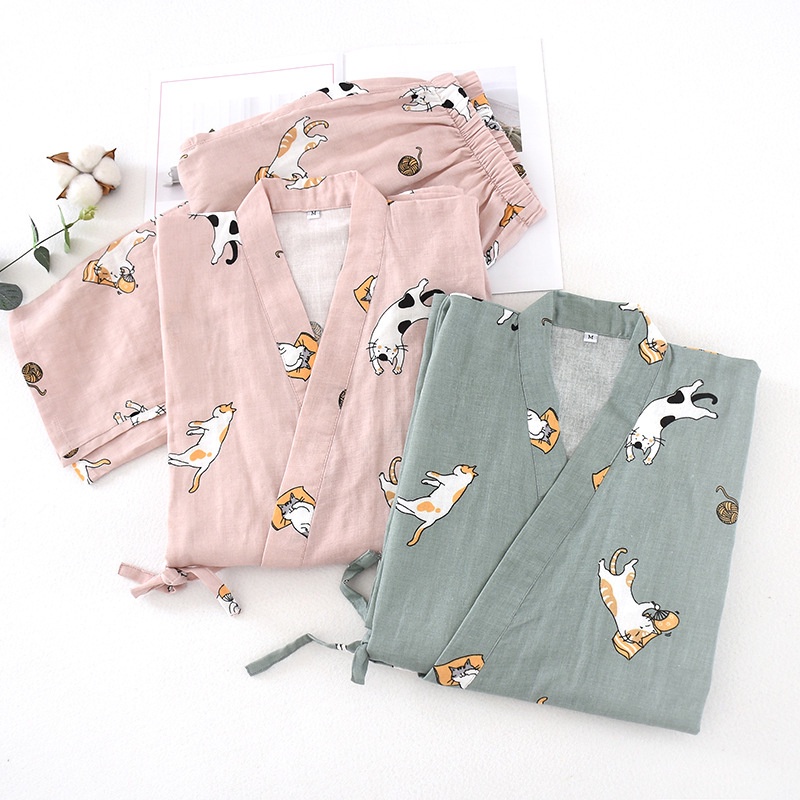 2PCS Japanese Lover Clothing Set Kawaii Cat Printed Kimono Yukata Steaming Wear Pajamas Man Woman Ba