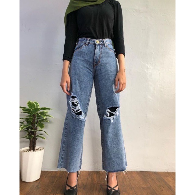 TRIVELA Labela Ripped Furing Jeans Cullote / Kulot Jeans Wanita Rawis Sobek Lapis Hitam