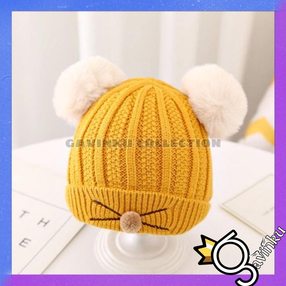 Topi Anak Laki Laki Perempuan Kupluk Bayi Model Pompom Cat Usia 0 3 6 bulan umur 1 2 3 Tahun thn Motif Kucing Kelinci Karakter Lucu Rajut Musim Dingin