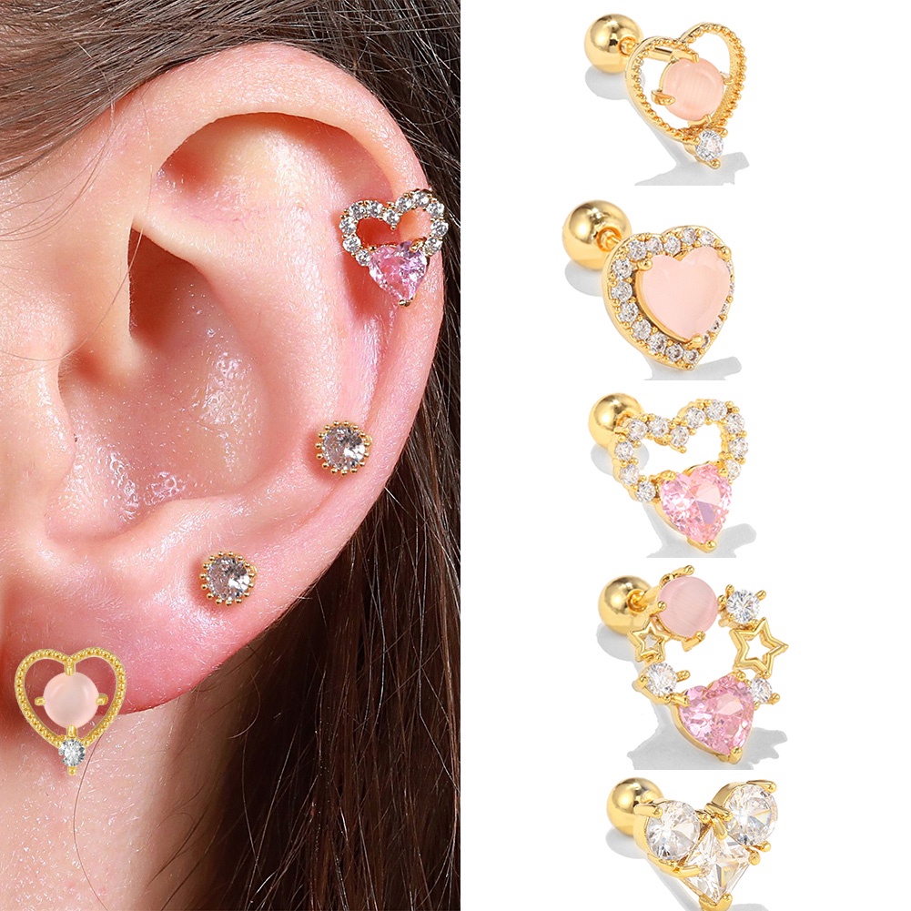 Anting Stud Manik-Manik Kristal Zircon Bentuk Bulat Warna Pink Untuk Hadiah Ulang Tahun