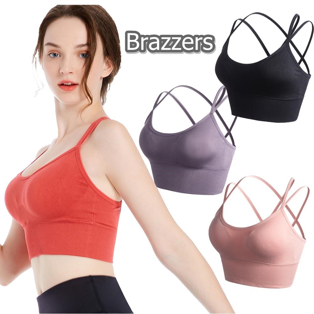 Atasan Crop Top Sport Bra Olahraga Yoga Wanita Remaja Sexy Tali Silang Belakang Tanpa Lengan Murah